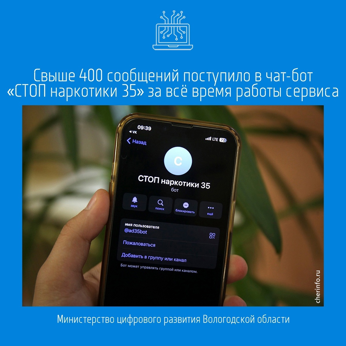 Свыше 400 сообщений поступило в чат-бот «СТОП наркотики 35» за всё время работы сервиса. Его запустили в ноябре 2024 года..